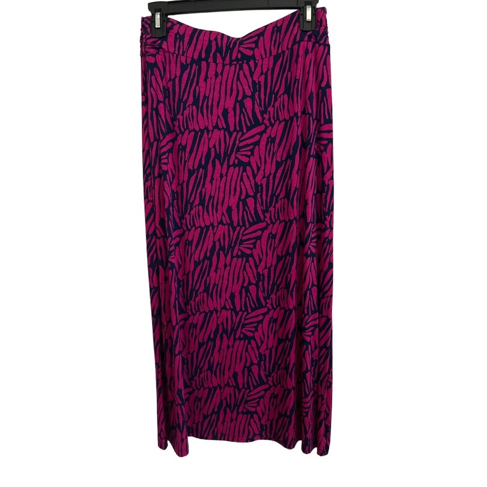 Liz Claiborne Vibrant Pink Blue Print Elastic Waist Maxi Skirt Rayon Spandex PS
